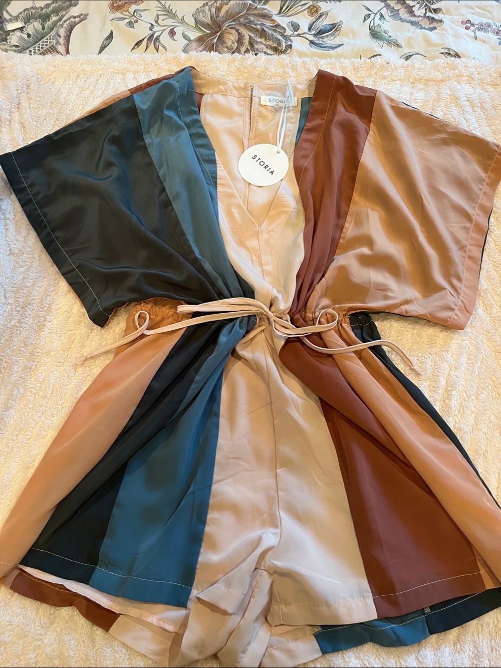 Storia Colorblock Satin Kimono Romper in Teal, Rust & Cream